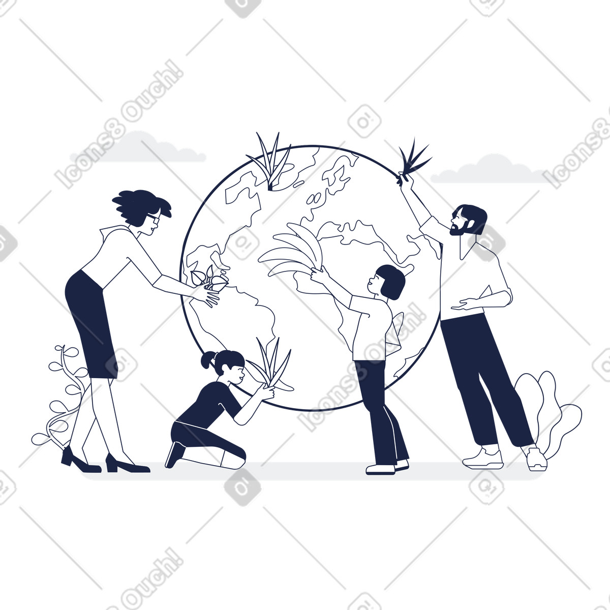 Family planting to improve the environment illustration clipart showcasing eco-friendly actions