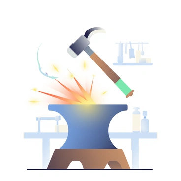 A blacksmith's hammer made of dark steel is striking a solid anvil, which is positioned on a sturdy wooden workbench. The hammer is raised high above the anvil, showcasing the moment of impact. Sparks are flying in a bright display, illuminating the surrounding area with glimmers of orange and yellow light. The anvil has a shiny surface, reflecting the energy transfer as the hammer makes contact. The background features a faint silhouette of tools hanging on the wall, enhancing the workshop atmosphere.