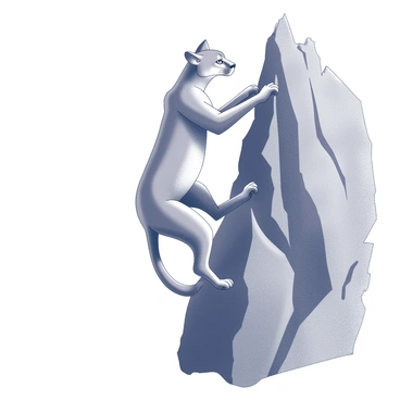 A puma is climbing a rocky cliff, showcasing its agility. The large feline is positioned mid-climb, with its powerful limbs stretched, using sharp claws to grip the rough surface of the rock. The puma's muscles are taut, emphasizing its strength and flexibility. The cliff is rugged and uneven, with jagged edges and crevices, creating a dramatic backdrop. The scene captures the puma's focused expression as it navigates the challenging terrain, illustrating its prowess as a climber in a natural setting.