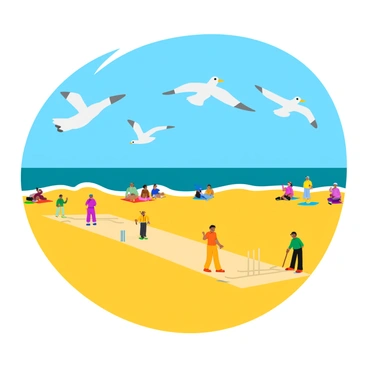 "Seagulls flying overhead with white wings and gray tips, soaring in a clear blue sky. Below, a vibrant beach cricket match is taking place on golden sand near the shoreline. Players wearing colorful jerseys are positioned in the field, with one batter at the crease ready to hit a ball. A small crowd of spectators is gathered nearby, some sitting on colorful beach towels. The ocean waves gently lap at the shore in the background, adding to the lively beach atmosphere."