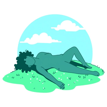 A teal figure of Maveli is reclining on a grassy hilltop, with one arm resting behind the head and the other stretched out beside. The grass is a vibrant green, dotted with small white flowers scattered throughout. Above Maveli, fluffy clouds in various shapes drift lazily across a blue sky. The sunlight casts gentle shadows, enhancing the peaceful scene of Maveli enjoying the serene moment.