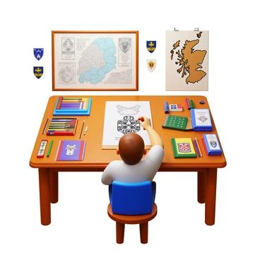 An artist sitting at a large wooden table, focused on creating a historical illustration of Scottish clans. The artist is using colored pencils and brushes, surrounded by sketches and reference books about clan tartans and symbols. There are detailed illustrations of various clan shields and a map of Scotland displaying clan territories in the background. The workspace is filled with vibrant colors and textures, reflecting the rich heritage of Scottish culture. The artist wears a casual outfit and has a thoughtful expression while carefully detailing a clan emblem.