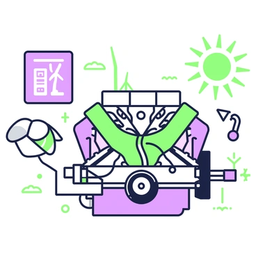 A detailed view of a car engine is displayed, showcasing various components and features. The engine is prominently located at the center of the image, with visible gears, wires, and pipes. Alongside the engine, there are symbols representing wind and solar energy, each symbol integrated into the design of the engine. The wind symbol is illustrated with curved lines suggesting movement, while the solar symbol features ray-like patterns emanating outward. The engine itself has labels and details highlighting its innovative green technology aspects.