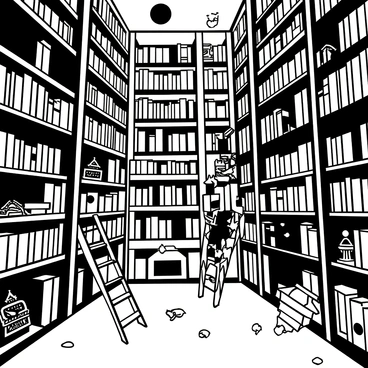 A vast library with towering bookshelves stretching high towards the ceiling. Countless books are floating in mid-air, some open, as if reading themselves. Various magical artifacts are scattered throughout the library, with intricate designs and patterns. Some artifacts are emanating a soft glow, casting subtle light in the dimly lit space. The floor is made of polished wood, and there are ornate ladders leaning against the shelves for reaching high places.