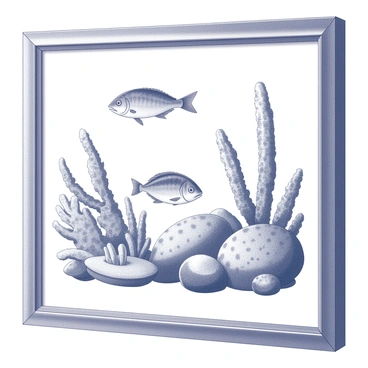 A framed illustration depicting an underwater scene. The composition includes various fish swimming among different types of corals. The fish vary in shape and size, showcasing distinct features such as fins and patterns. The corals are detailed, with some resembling branches and others forming large, flat surfaces. The illustration captures the intricate details of both the marine life and the coral structures, providing a rich depth to the underwater environment. The frame surrounding the illustration is ornate, enhancing the overall presentation of the artwork.