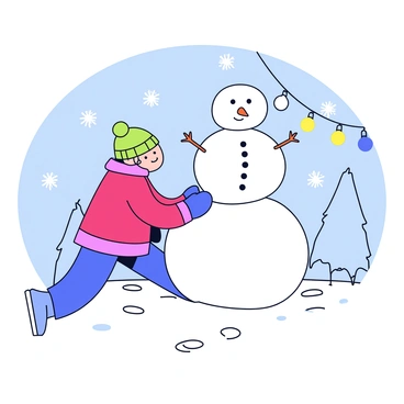 A 3D human figure is shown constructing a snowman in a snowy landscape. The figure is wearing a bright red winter jacket, blue gloves, and a knitted green beanie. The snowman is made of three large snowballs stacked on top of each other, with a carrot for a nose and coal pieces for eyes and buttons. The background features gently falling snowflakes and a series of twinkling holiday lights strung across nearby trees, casting a warm glow in the scene. The ground is covered in a thick layer of white snow, with occasional footprints leading to the snowman.