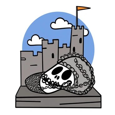 A skull resting on a weathered stone surface, wearing a detailed chainmail coif that glistens in the light. The coif is intricately textured, fitting snugly around the skull's base. In the background, a medieval castle stands tall with towering stone walls, narrow windows, and flagpoles adorned with colorful banners. The sky above the castle is a bright blue with scattered clouds, adding depth to the scene. The overall composition conveys a sense of history and armor, merging the stillness of the skull with the sturdy presence of the castle.