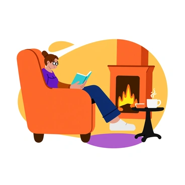 A person curled up in a cozy armchair, deeply immersed in a book. The armchair is upholstered in a warm, rich fabric, and it features soft cushions. The person has short brown hair and is wearing a knitted sweater. Beside them, a roaring fireplace emits bright flames, casting a warm glow in the surroundings. A small side table holds a steaming mug of tea and a pair of reading glasses. The room is warmly lit, enhancing the inviting atmosphere.