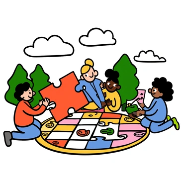 A group of children of various ethnicities is gathered around a large mahjong puzzle spread out on the ground. The puzzle pieces are colorful and feature traditional mahjong designs. Two light-skinned boys are excitedly fitting together a huge red piece, while a dark-skinned girl watches with big eyes, holding a blue piece in her hands, ready to place it. A light-skinned girl with curly hair is reaching for a green piece. In the background, there are trees and soft clouds, creating a joyful atmosphere of teamwork and play.