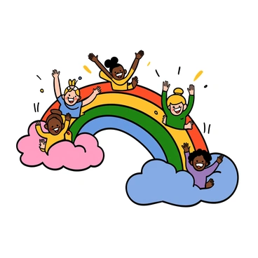 A group of children with various skin tones and hairstyles are joyfully sliding down a vibrant rainbow. The rainbow is composed of bright colors like red, orange, yellow, green, blue, and purple. Each child has an expression of excitement and delight. They land softly on fluffy, colorful clouds that are white, pink, and blue in hue. The clouds have a light, fluffy texture, and some children are playfully bouncing upon landing, while others are sitting or lying down, surrounded by the colorful cloud formations.