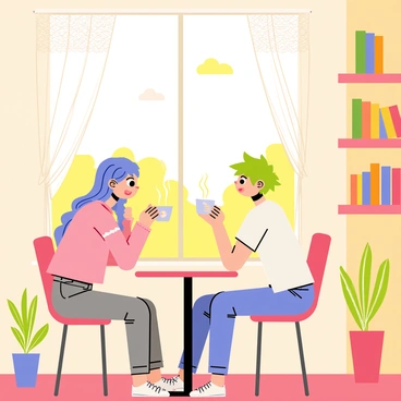Two anime characters are sitting at a small round table inside a cozy cafe. One character has long, flowing blue hair and is wearing a soft pink sweater, while the other has short, spiky green hair and is dressed in a casual white t-shirt. They both hold steaming cups of coffee, with wisps of steam rising from the cups. The window beside them is adorned with delicate lace curtains, and through the glass, you can see a sunny day outside with a few fluffy clouds in the sky. The cafe interior features warm wooden accents, shelves filled with books, and a few potted plants adding a touch of greenery.