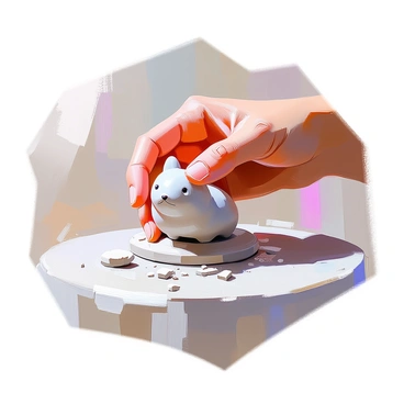 A close-up view of a hand with slightly tanned skin, gracefully shaping a miniature clay sculpture using only the index finger. The hand is gently pressing into the soft clay, which is partially molded into the form of a small animal. Bits of clay are scattered on the surface around the sculpture, and the textured surface of the clay is visible, showing the detailed manipulation of the material. Soft lighting casts subtle shadows, emphasizing the contours of the finger and the emerging sculpture.