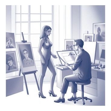 A girl is standing in a bright studio, striking a pose as a model for an artist. She has long hair styled elegantly and wears a fashionable outfit that accentuates her figure. The studio is filled with various paintings displayed on easels and hanging on the walls, showcasing a range of subjects and styles. Sunlight streams through large windows, illuminating the space and casting soft shadows. The artist, a middle-aged man with glasses, is seated on a stool, sketching the girl intently with a pencil and sketchpad. There are brushes and paint tubes scattered on a nearby table, adding to the creative atmosphere.