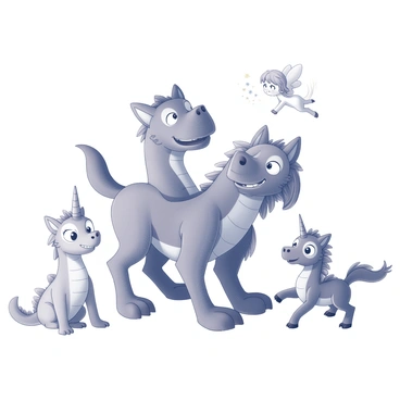 A cartoon version of "Cerberus" with three heads, each displaying a different playful expression. The creature is depicted with a wagging tail and oversized paws, suggesting a playful demeanor. "Cerberus" is interacting with other mythical creatures in the scene. One creature is a cartoon dragon, smiling and flapping its tiny wings, while another is a whimsical unicorn with a spiraling horn, prancing nearby. In the background, a fairy with delicate wings hovers, sprinkling sparkles around. The overall composition captures a lively and fun atmosphere among the characters.