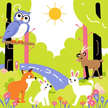 A cartoon-style illustration featuring a vibrant forest setting with tall, colorful trees and lush greenery. In the foreground, a wise old owl wearing glasses is perched on a branch, looking down at a group of curious animals gathered below. There is a clever fox with orange fur, a timid rabbit with soft white fur, and a proud deer with antlers, all listening intently. In the background, a sparkling stream flows through the forest, with bright flowers blooming along the banks. Above the scene, a radiant sun shines down, casting warm light across the gathering.