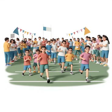A group of students, wearing colorful athletic uniforms in shades of blue, red, and green, are participating in lively races on a grassy field. Each student is focused on the finish line, their faces showing determination and excitement. In the background, a cheering crowd of parents and classmates wave banners and clap their hands, creating an energetic atmosphere. Some spectators are holding refreshments while others are taking pictures. Brightly colored flags are displayed around the field, adding to the festive feel of the school sports day.