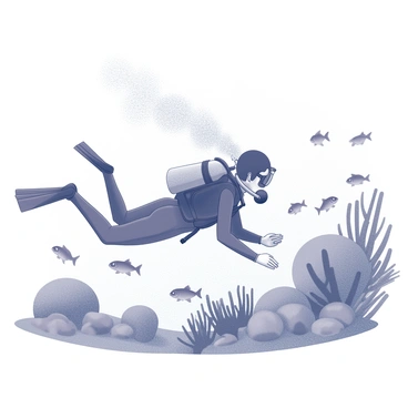 A scuba diver is submerged in an underwater scene. The diver is equipped with a wetsuit, a diving mask, and an oxygen tank, gracefully moving through the water. Around the diver, a coral reef is visible, showcasing various formations and textures. Fish of different shapes and sizes swim in close proximity to the coral, creating a dynamic environment. Bubbles rise from the diver's equipment, adding to the sense of movement in the water.