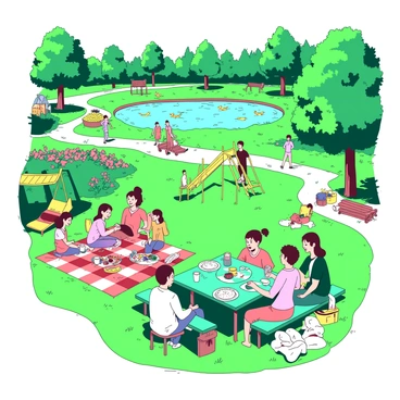 A vibrant city park is filled with lush green grass and colorful flower beds. In the foreground, there are families enjoying a picnic on a checkered blanket. Nearby, children are playing on a yellow playground structure with slides and swings. A group of friends is gathered around a teal picnic table, playing board games and laughing. In the background, new walking paths create winding trails through the park, leading to a tranquil pond where ducks swim. There are benches placed along the paths for relaxation, and people are seen jogging and walking their dogs in the sunny atmosphere.