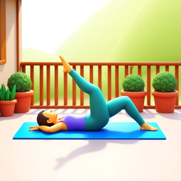A person performing glute bridges on a home patio. The individual is lying on a yoga mat, lifting their hips towards the sky. They are focused and wearing comfortable workout clothes. The patio has potted plants around, and morning sunlight casts soft shadows. The setting is peaceful and well-kept, with a wooden railing and a view of greenery in the background.