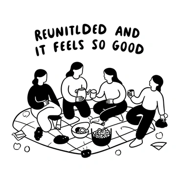 A group of friends enjoying a picnic, sharing laughter and food after a long time apart.