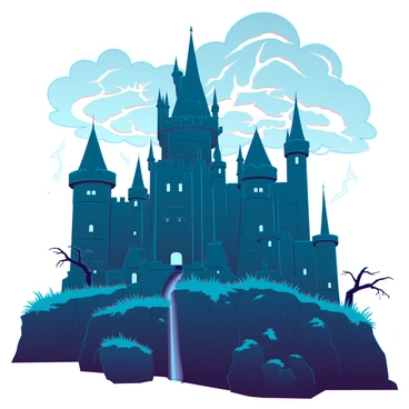 A dark, imposing castle with numerous turrets and tall spires, perched on a rugged hill. The castle's stone walls are weathered and cracked, adding to its menacing appearance. Jagged clouds swirl ominously above, with bright flashes of lightning illuminating the scene. The hill is rocky and uneven, covered in patches of sparse grass and twisted trees, contributing to the eerie atmosphere. Shadows loom around the castle, creating a sense of foreboding as the storm intensifies.
