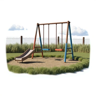 A deserted playground featuring rusty metal swings that sway gently in the breeze. The swings are painted in vibrant colors, but the paint is chipped and faded. There is a wooden slide with splintered edges, and the sandpit is overgrown with grass. In the background, a chain-link fence surrounds the area, partially obscured by overgrown weeds. The sky is clear with a few fluffy clouds, and a soft light illuminates the scene, enhancing the sense of nostalgia.