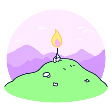 A flame is burning brightly on the top of a lonely hill. The flame is surrounded by a gentle glow, illuminating the area around it. The hill is grassy and slopes gently down to the horizon. In the distance, there are faint silhouettes of other hills under a twilight sky. The flame stands tall and flickers occasionally, casting shadows on the ground. There are small rocks scattered around the base of the flame, adding texture to the scene. The atmosphere is tranquil, with a sense of solitude surrounding the hill.