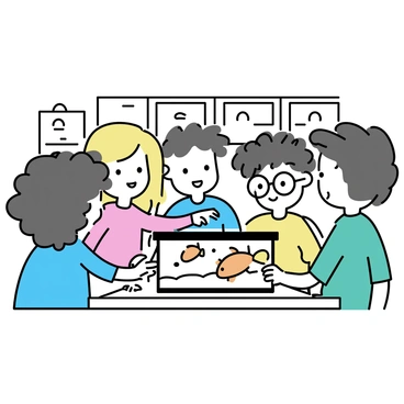 A group of five children standing closely around a small aquarium placed on a wooden table. The aquarium is filled with clear water and a few colorful fish swimming inside. The children, a mix of boys and girls, are intently watching the fish, their eyes wide with curiosity. One child, with curly hair wearing a blue shirt, points excitedly at a bright orange fish. Another child, with glasses and a green shirt, leans over the aquarium to get a closer look. The classroom in the background is decorated with posters and drawings, adding to the lively atmosphere.