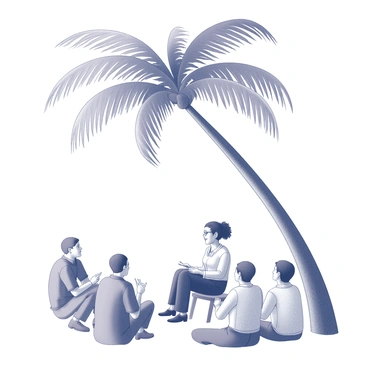 A woman named "Deborah" is seated on a simple wooden bench beneath the broad fronds of a "palm tree." She has an attentive expression as she speaks to a small group of individuals who are gathered around her. The group consists of three men and two women, all sitting on the ground in a semicircle, listening intently. The setting is characterized by a tropical environment, with the palm tree towering above them, its leaves rustling gently in the breeze. The people appear engaged, with some taking notes while others nod in agreement, creating an atmosphere of discussion and sharing of knowledge.