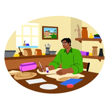 An artisan with dark hair is focused on crafting a "dholki drum." He is sitting at a wooden workbench surrounded by various "tools," including chisels, hammers, and sandpaper. The workshop has wooden shelves lined with "finished drums" and "materials" like wood and animal hides. Sunlight filters through a window, illuminating the artisan's concentrated expression as he carves intricate designs into the drum's surface. The walls are adorned with "pictures" of traditional music and drumming performances.