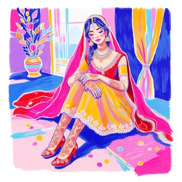 A modern Indian bride is sitting gracefully, showcasing her feet. Her feet are adorned with intricate, beautifully designed henna patterns, swirling with floral motifs and geometric shapes. She is wearing striking red bridal shoes that have delicate embellishments. The background includes glimpses of colorful traditional fabrics and decorative elements that highlight the cultural theme. The bride's overall look radiates elegance and celebration.