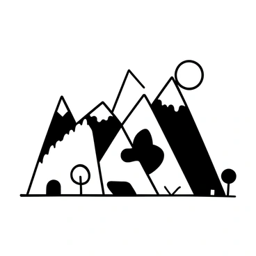 A mountain range composed of simple geometric shapes, such as triangles and rectangles, arranged in a layered fashion to create depth. Each shape varies in size, contributing to the overall structure of the mountains. Some shapes overlap slightly, adding dimension to the composition. The scene includes a flat terrain at the base, with a few small, abstract trees represented by circles and rectangles. The background features a large, stylized sun in the sky, casting elongated shadows across the landscape.