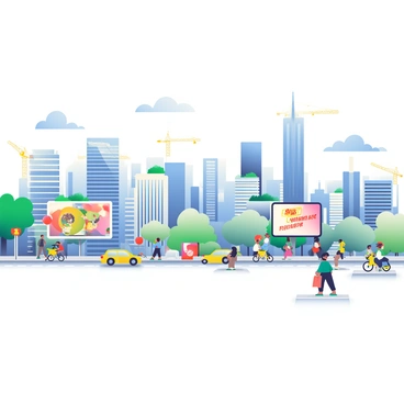 A panoramic view of a city skyline stretches across the image, showcasing a variety of tall buildings made of glass and steel. Some skyscrapers have green terraces filled with plants, indicating a focus on sustainability. In the foreground, a bustling plaza is filled with people walking and engaging in activities. Yellow taxis and bicycles are seen moving along the streets. Large billboards display messages about new businesses and economic opportunities. In the distance, cranes and construction sites indicate ongoing development projects. A clear blue sky overhead enhances the vibrant atmosphere of the city.