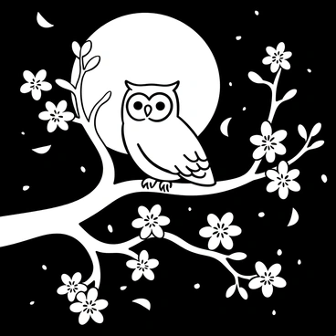 An owl perched on a gnarled branch, surrounded by delicate cherry blossoms. The full moon illuminates the scene, casting soft shadows on the blossoms. The owl is focused, blending into the intricate patterns of the bark. Petals drift gently from the branches, creating a serene atmosphere in the night.