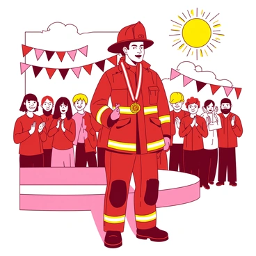 A red firefighter in full gear stands proudly on a stage at a community event. The firefighter is holding a shiny medal with a gold ribbon draped around their neck. Surrounding the firefighter, there is a cheering crowd, with people clapping and smiling, celebrating the bravery. In the background, colorful banners hang, adding to the festive atmosphere of the event. The sun is shining brightly, illuminating the scene.