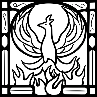 An ancient phoenix depicted as a large, majestic figure in a stained glass window. The phoenix is shown with its wings spread wide, revealing intricate patterns of feathers. Flames are artistically integrated into the design, swirling around the body of the phoenix. The frame of the stained glass window features ornate designs, with geometric shapes and floral motifs surrounding the phoenix. Light streams through the window, creating a contrast between the dark outlines of the glass and the intricate patterns within.
