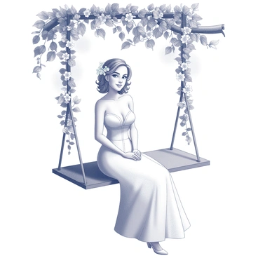 A bride wearing an elegant wedding gown is sitting on a beautifully decorated swing. The swing is adorned with lush greenery and delicate white flowers intertwined around its frame. The bride has a serene expression on her face, taking in her surroundings. She has her hair styled in soft curls, with a floral hairpiece adding to her bridal look. The swing is hanging from a sturdy tree branch, creating a natural and enchanting atmosphere. Soft light filters through the leaves above, casting gentle shadows around her.