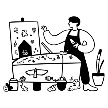 A painter using a brush to apply intricate floral patterns on a coffin. The painter is wearing a paint-splattered apron and is focused on their work. Various floral designs, including roses and daisies, are being painted in detail on the surface of the coffin. Paint pots are scattered nearby, with brushes of different sizes resting in them. The background shows hints of an art studio, with canvases leaning against the walls and paintbrushes stored in jars.
