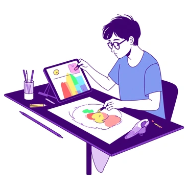 An artist is sitting at a sleek desk, intently focusing on a digital tablet in front of them. The tablet displays a partially completed digital illustration that mirrors a pencil sketch laid out on the desk. The artist, with short hair and wearing glasses, is using a stylus to trace over the lines of the sketch. Around the artist, there are various art supplies, including colored pencils and markers, scattered on the desk. A soft light is illuminating the workspace, highlighting the details of the sketch and the vibrant colors on the tablet screen.
