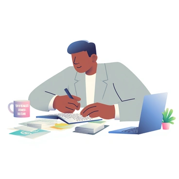 An entrepreneur with dark skin and short black hair is seated at a cluttered desk, intently examining a stack of business plans. The desk is filled with various items, including open business books, a laptop with a blue cover, and several sheets of printed documents. A coffee mug with a motivational quote sits near the edge of the desk, while a small potted plant adds a touch of greenery to the scene. The entrepreneur is wearing a light gray blazer over a white shirt, and a pen is held in their right hand, poised to take notes.