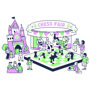 A fairground scene filled with various chess-themed rides and attractions. In the center, there is a large carousel featuring intricately designed chess pieces as the mounts. Surrounding the carousel, a giant chessboard serves as a game area, with oversized black and white pieces positioned for play. To the left, a funhouse shaped like a chess castle stands tall, with turrets and drawbridges. There are booths selling chess-related snacks, and a colorful banner hangs above the entrance, displaying the phrase "Chess Fair." Families of all ages are enjoying the activities, with children playing games and adults observing closely.
