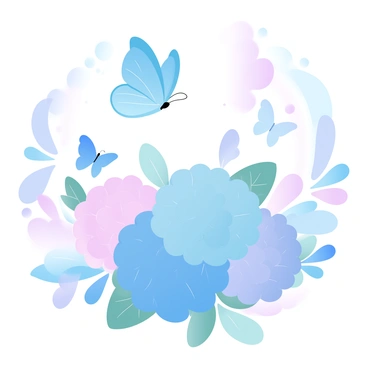 A group of butterflies in various sizes and colors is fluttering around a cluster of hydrangeas. The hydrangeas are vibrant and full, with large round blooms in shades of blue, pink, and purple. The butterflies are positioned at different angles, some with wings spread wide while others are in a slight diagonal ascent. The background features soft gradients of pastel colors, enhancing the delicate atmosphere of the scene. The sunlight casts a gentle glow on the flowers and butterflies, adding a layer of elegance to the composition.