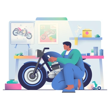 A mechanic with short, dark hair and wearing a blue jumpsuit is kneeling beside a custom moto-bike in a cluttered garage. The moto-bike has a sleek design with chrome accents and a matte black finish. The mechanic is focused on adjusting the engine, using a wrench in his right hand. Tools and parts are scattered around, including a toolbox, a set of wrenches, and various motorcycle components. There is a workbench in the background, covered with oil stains and additional tools. A wall in the garage is adorned with posters of classic motorcycles, and a bright overhead light illuminates the scene.