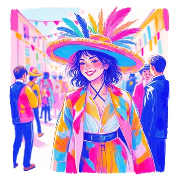 A person stands proudly, wearing a flamboyant hat that features an array of colorful feathers and vibrant ribbons. The hat is large with a wide brim, displaying a mix of bright colors such as red, blue, green, and yellow. The person's outfit complements the hat, showcasing bold patterns and textures. They are smiling, with their hair peeking out from beneath the hat. In the background, there are hints of a lively celebration, with other individuals dressed in similarly vibrant attire.