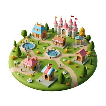 A colorful children's map featuring a variety of cartoonish landmarks. The map includes several whimsical castles with tall spires and flags waving in the breeze. There are multiple playgrounds filled with swings, slides, and friendly children playing. Scattered around the map are vibrant ice cream stands, with colorful awnings and various ice cream flavors depicted. The landscape is filled with rolling hills, bright flowers, and trees with oversized foliage, creating a lively and cheerful atmosphere. Small paths wind throughout the map connecting each landmark, inviting exploration and adventure.