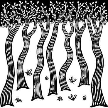 A dense forest filled with tall, twisting tree trunks that have a textured appearance, resembling the intricate patterns of "the yellow wallpaper." The leaves on the trees are also patterned, creating a cohesive look throughout the scene. The ground is scattered with fallen leaves and small plants, adding to the surreal atmosphere. In the background, the trees create a canopy, allowing some light to filter through the intricate patterns on the foliage.