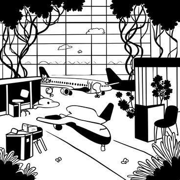 An airport terminal filled with lush greenery, with large vines creeping along the walls and ceilings. Several airplanes sit on the tarmac, their surfaces blanketed in soft moss and intertwining plants. Sunlight filters through broken windows, casting intricate shadows on the terminal floor. Patches of wildflowers pop up through cracks in the pavement, while trees grow through openings in the building structure. Desks and chairs are overrun with ferns and ivy, creating a striking contrast between man-made objects and thriving nature.