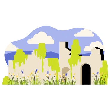 Ancient ruins with crumbling stone walls, partially covered in vibrant green vines and moss. The ruins feature broken columns and archways, creating an intriguing silhouette. In the background, rolling hills stretch out under a bright blue sky dotted with fluffy white clouds, enhancing the sense of age and nature reclaiming the structures. Wildflowers and tall grasses surround the ruins, adding splashes of color to the scene.