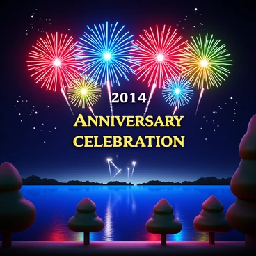 A fireworks display with colorful bursts illuminating the night sky. Bright reds, blues, greens, and yellows explode in various patterns, creating a vivid spectacle. The reflections of the fireworks shimmer on the surface of the lake, enhancing the visual effect. In the foreground, the silhouettes of trees frame the scene, adding depth to the image. The date "Anniversary Celebration" appears prominently in elegant font amidst the fireworks.