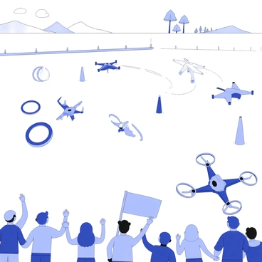 A drone racing competition is taking place in an open area. Several racing drones are flying at high speeds, weaving through a series of obstacles including hoops and pylons. The drones have various shapes and designs, showcasing their aerodynamic features and propellers. In the foreground, a diverse group of spectators is gathered, some holding banners and flags. They are animatedly cheering and watching the race. The background features a clear sky and a distant view of trees and hills, providing context to the setting.